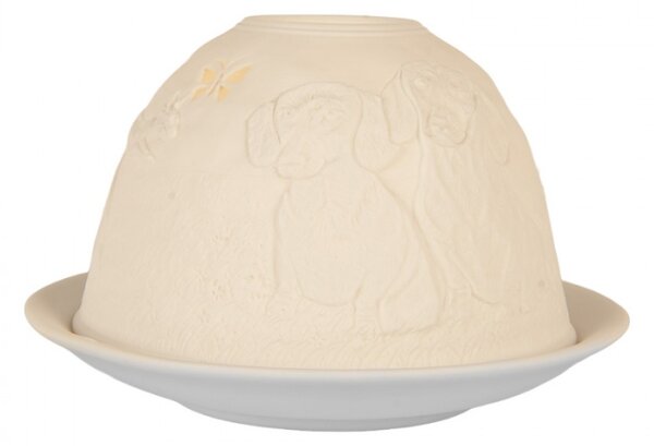 Bílý porcelánový svícen na čajovou svíčku s loveckými psy v trávě – 12x8 cm