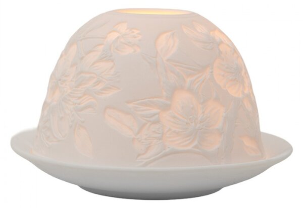 Bílý porcelánový svícen na čajovou svíčku s velkými květy – 12x8 cm
