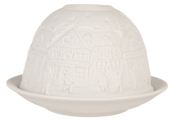Bílý porcelánový svícen na čajovou svíčku s vánočním tradičním městečkem – 12x8 cm