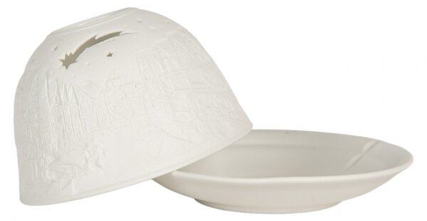 Bílý porcelánový svícen na čajovou svíčku vánoční ulice s kometou – 12x8 cm