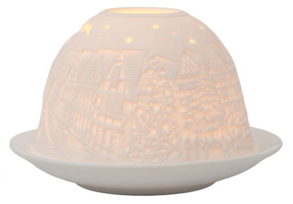 Bílý porcelánový svícen na čajovou svíčku vánoční ulice s kometou – 12x8 cm