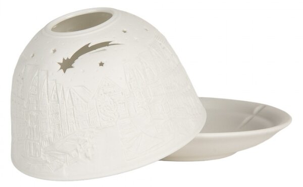 Bílý porcelánový svícen na čajovou svíčku vánoční ulice s kometou – 12x8 cm