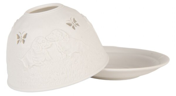 Bílý porcelánový svícen na čajovou svíčku s loveckými psy v trávě – 12x8 cm