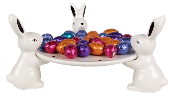 Černo-bílý keramický podnos s podstavcem ve tvaru tří králíčků Rabbit Party – 24x23x12 cm