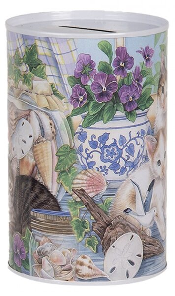 Modro-bílá plechová kasička s kočičkami na okenním parapetu – 8x13 cm