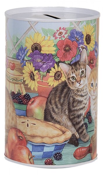 Žluto-červená plechová kasička s kočičkami v kuchyni – 8x13 cm