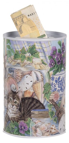 Modro-bílá plechová kasička s kočičkami na okenním parapetu – 8x13 cm
