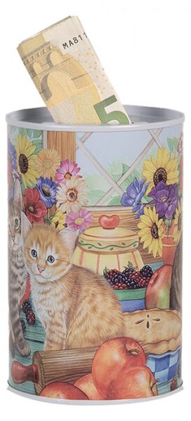 Žluto-červená plechová kasička s kočičkami v kuchyni – 8x13 cm