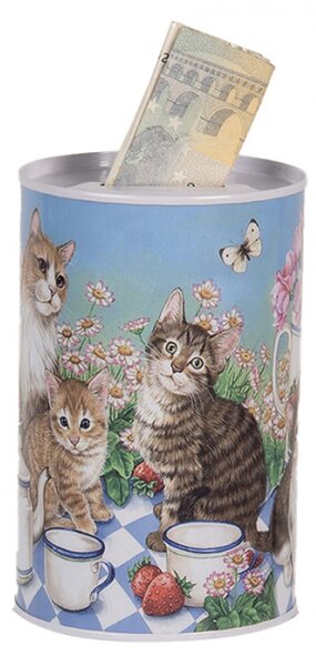 Modro-růžová plechová kasička s kočičkami na pikniku – 8x13 cm