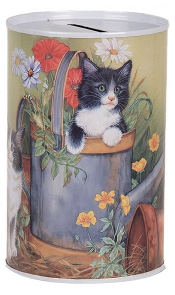 Zeleno-žlutá plechová kasička s kočičkou v konvi – 8x13 cm