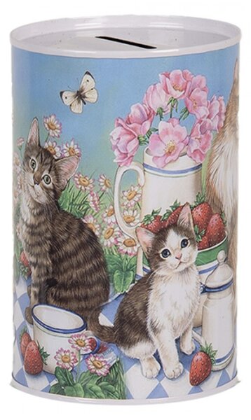 Modro-růžová plechová kasička s kočičkami na pikniku – 8x13 cm