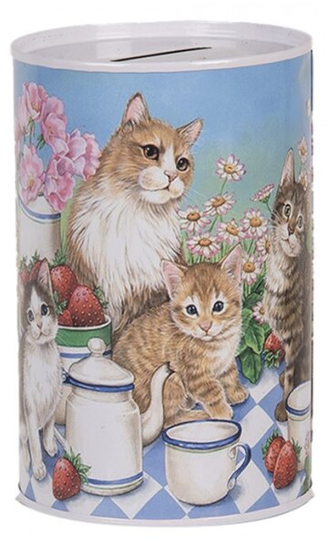 Modro-růžová plechová kasička s kočičkami na pikniku – 8x13 cm