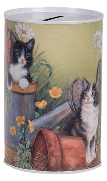 Zeleno-žlutá plechová kasička s kočičkou v konvi – 8x13 cm