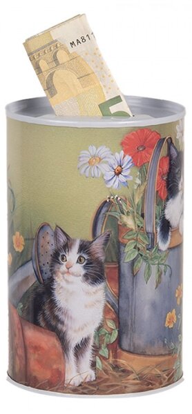 Zeleno-žlutá plechová kasička s kočičkou v konvi – 8x13 cm
