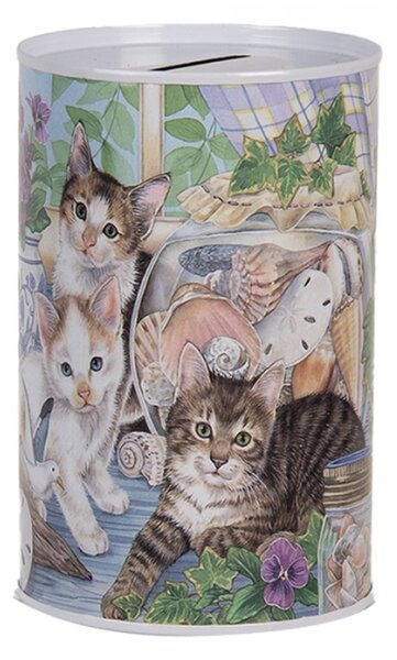 Modro-bílá plechová kasička s kočičkami na okenním parapetu – 8x13 cm