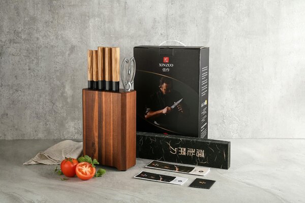 Sada nožů XinZuo Zhen PM8O se stojánkem a nůžkami 5ks - Dárkový set