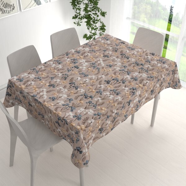 Biante Bavlněný obdélníkový ubrus Sandra SA-637 Modro-béžovo-bílé kosatce na šedobéžovém 50x100 cm