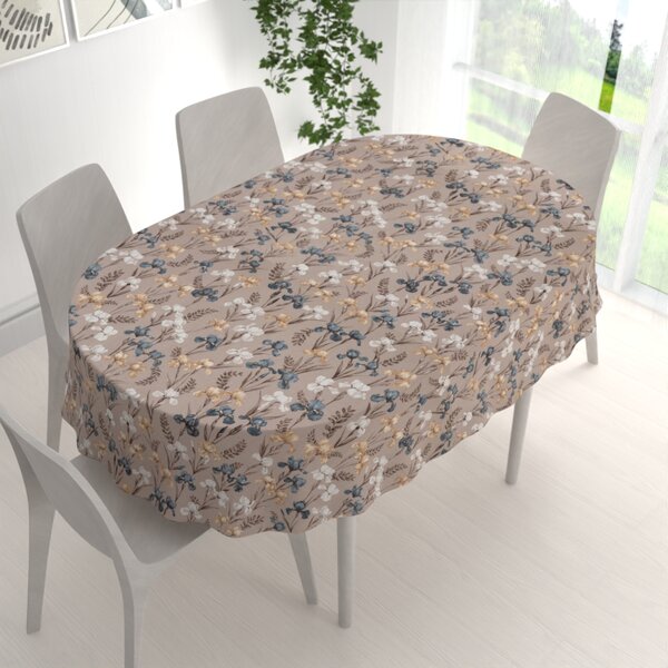 Biante Bavlněný oválný ubrus Sandra SA-637 Modro-béžovo-bílé kosatce na šedobéžovém 50x100 cm
