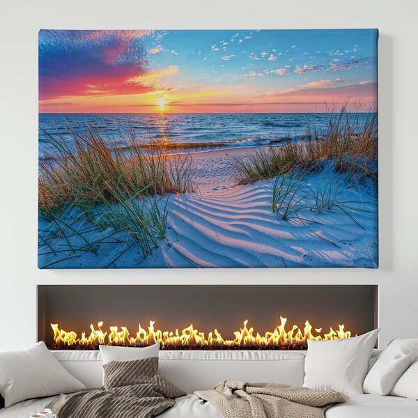 Obraz na plátně - Travnatá pláž a západ slunce FeelHappy.cz Velikost obrazu (šířka x výška): 40 x 30 cm