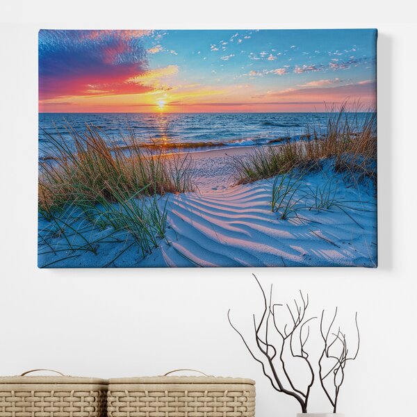 Obraz na plátně - Travnatá pláž a západ slunce FeelHappy.cz Velikost obrazu (šířka x výška): 40 x 30 cm