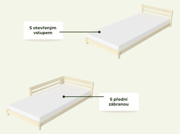 Nízká dětská jednolůžková postel TULY s čelem - Transparentní vosková lazura matná, 90x200 cm, S přední zábranou