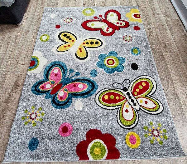 HU Vícebarevný dětský koberec Kids Motýli 581 L.grey šedý Rozměr: 60x100 cm