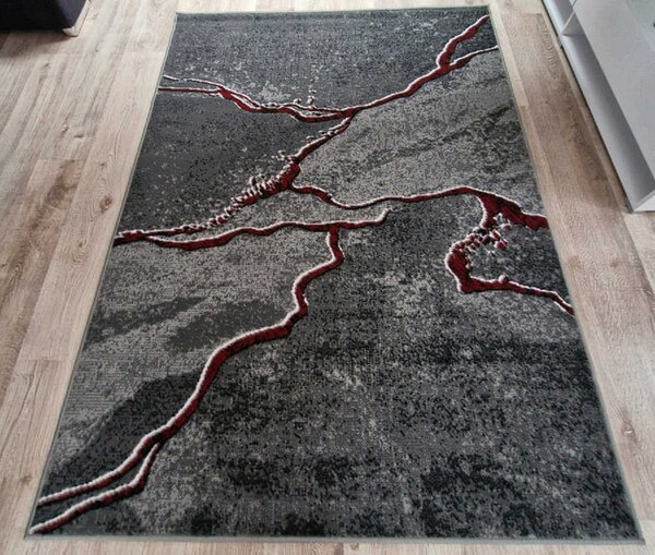 HU Šedý abstraktní obdélníkový koberec NEW IDEA 90321-0564 – imitace mramoru s červenými žilkami Rozměr: 50x80 cm