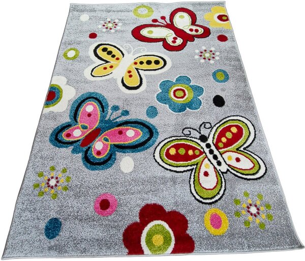 HU Vícebarevný dětský koberec Kids Motýli 581 L.grey šedý Rozměr: 60x100 cm