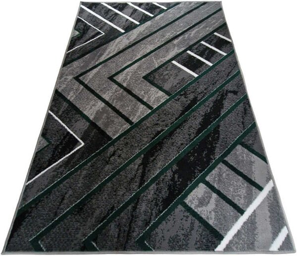 HU Šedý geometrický obdélníkový koberec NEW IDEA 90301-0574 se zelenými čarami Rozměr: 50x80 cm