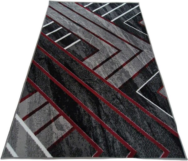 HU Šedý geometrický obdélníkový koberec NEW IDEA 90301-0564 s červenými čarami Rozměr: 50x80 cm