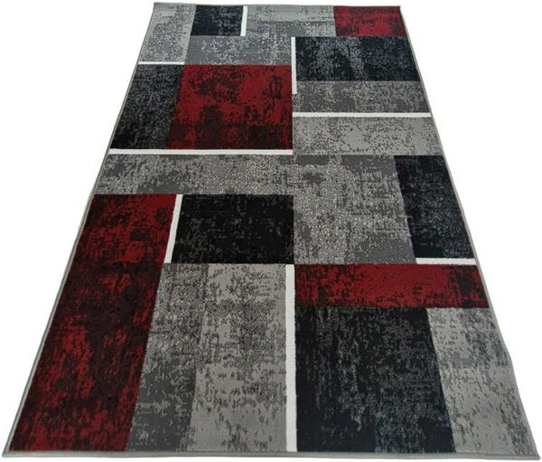 HU Šedo-červený geometrický károvaný obdélníkový koberec NEW IDEA 90311-0564 Rozměr: 50x80 cm
