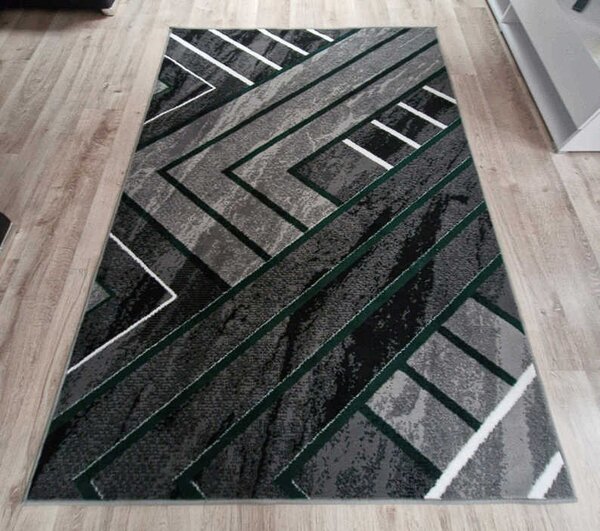 HU Šedý geometrický obdélníkový koberec NEW IDEA 90301-0574 se zelenými čarami Rozměr: 50x80 cm