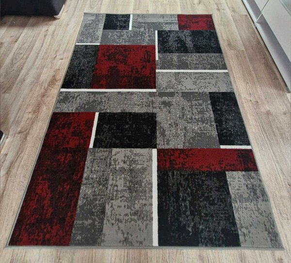 HU Šedo-červený geometrický károvaný obdélníkový koberec NEW IDEA 90311-0564 Rozměr: 50x80 cm