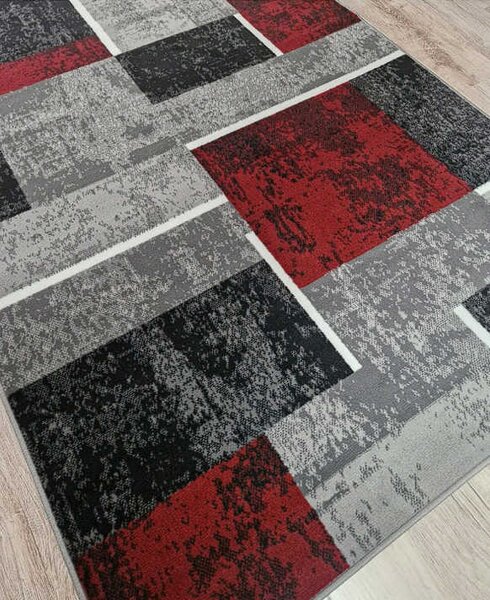 HU Šedo-červený geometrický károvaný obdélníkový koberec NEW IDEA 90311-0564 Rozměr: 50x80 cm