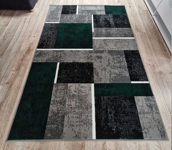 HU Šedo-zelený geometrický kostkovaný obdélníkový koberec NEW IDEA 90311-0574 Rozměr: 50x80 cm
