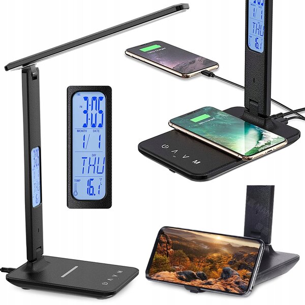 LED STOLNÍ LAMPA USB ŠKOLNÍ S HODINAMI QI NABÍJEČKA S DISPLEJEM