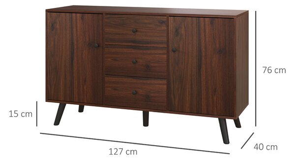 HOMCOM Moderní komoda do obývacího pokoje, jídelny a předsíně z dřevotřísky a dřeva, úložná skříň s 2 skříňkami a 3 zásuvkami, 127x40x76 cm, hnědá a č