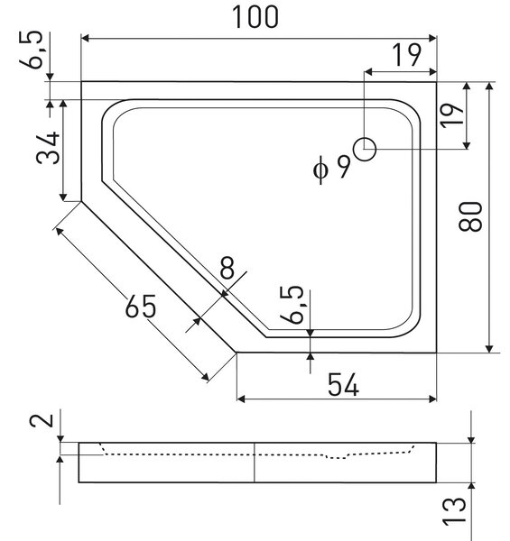Novoterm Asymetrická akrylátová sprchová vanička NV-Glasgow LEVÁ 100x80 bílá, vysoká
