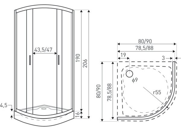 Novoterm Čtvrtkruhový sprchový kout NV-Madera 80x80 chrom/potisk + vanička
