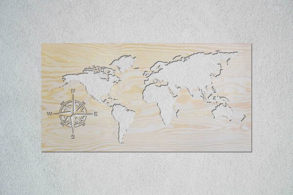 Mapa světa - kompas Velikost: 50 cm, Barva pozadí: Bez pozadí, Barva obrysu: Přírodní