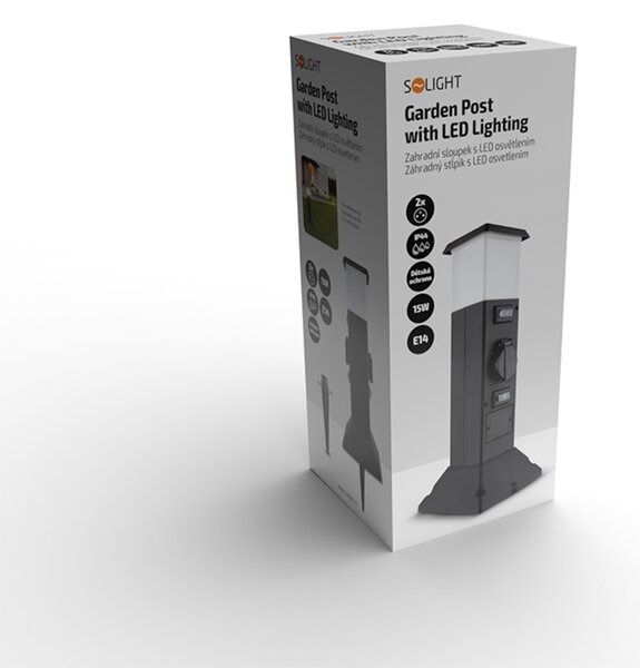 Solight zahradní sloupek IP44 s LED osvětlením, plast, 2 zásuvky, hranol, černý PG05