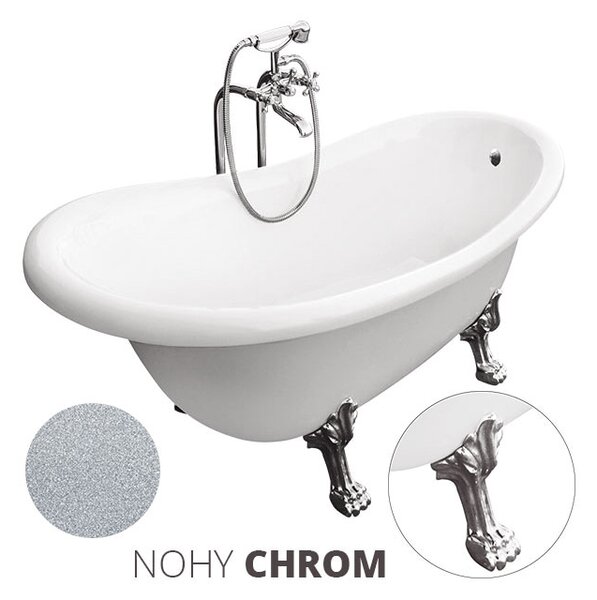 Besco Akrylátová volně stojící vana Otylia Glam S 160x77 (170x77) s přepadem Rozměry (cm): 160x77, Typ a barva výpustě: bez odpadového sifonu, Barva podpěrných nožek: Chrom