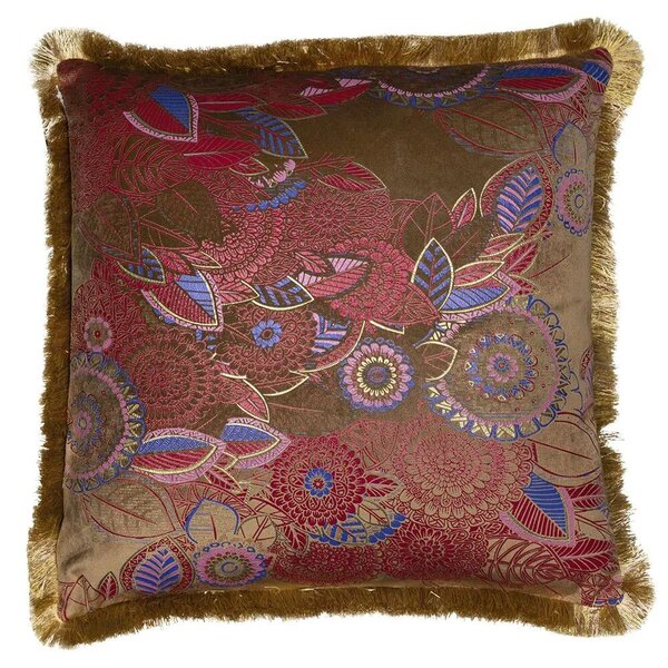 Taupe sametový polštář s květy a zlatými třásněmi Floral - 45*45*10cm - Mars & More