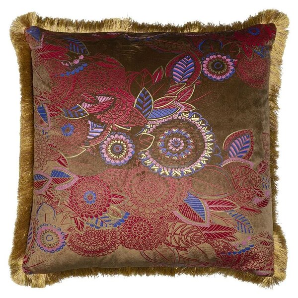 Taupe sametový polštář s květy a zlatými třásněmi Floral - 45*45*10cm - Mars & More