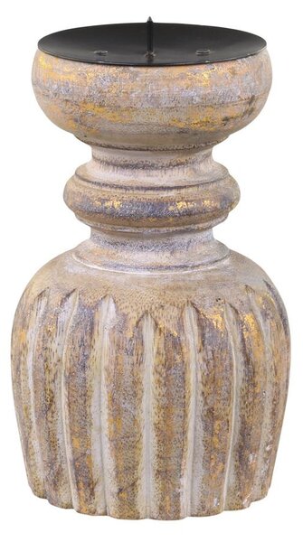 Zlato-přírodní antik dřevěný svícen na sloupovitou svíčku - Ø 9*15 cm - Chic Antique