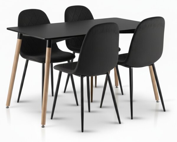 Jídelní set 1 + 4, černý stůl ADRIA 120x80 cm + černá sametová židle ASTI s černými nohami