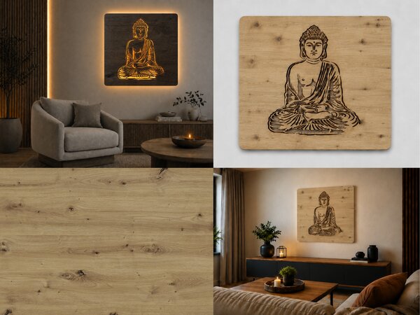 "Buddha" světelný obraz s baterií a pohybovým čidlem 62x62 cm provedení povrchu: dub světlý