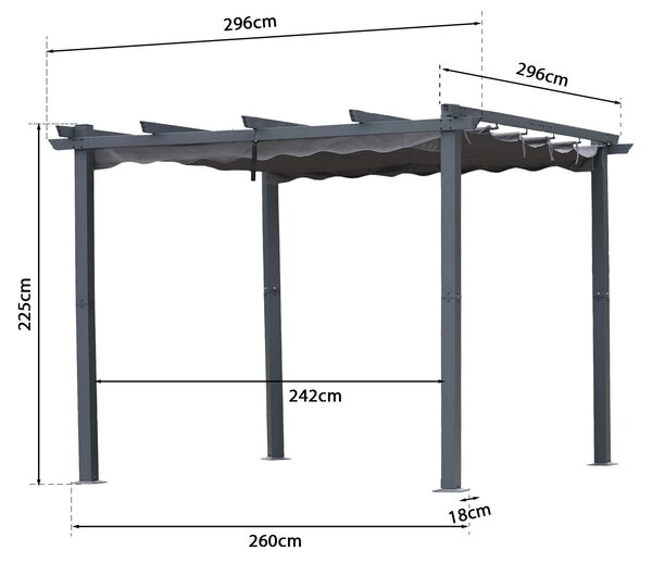 Pergola s hliníkovou konstrukcí – rozměry 3 x 3 metry – střecha z polyesteru s vodoodpudivou úpravou – šedá barva