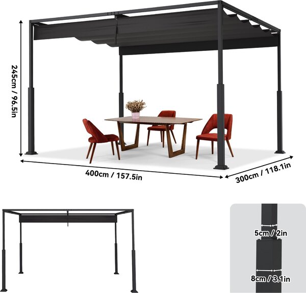 Pergola, střecha pro terasu - 3 x 4 metry - ocel, polyester - černá barva - vodotěsná