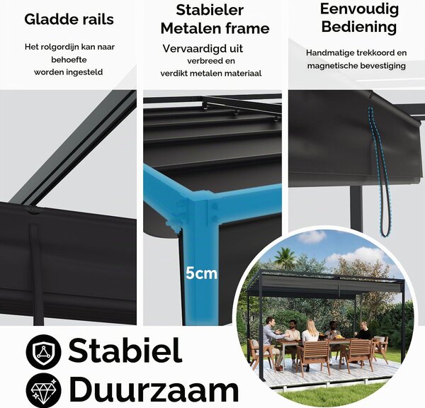 Pergola, střecha pro terasu - 3 x 4 metry - ocel, polyester - černá barva - vodotěsná